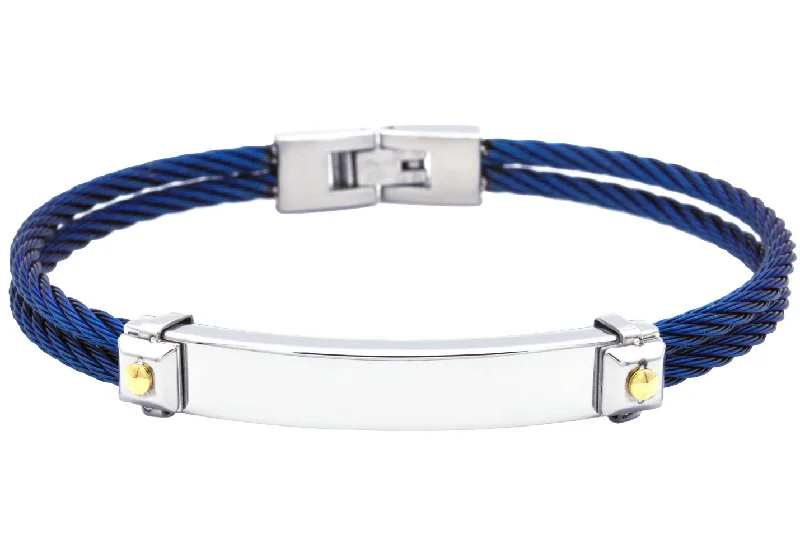 Women’s friendship bracelet-Mens Blue Stainless Steel Engravable Cable Bracelet