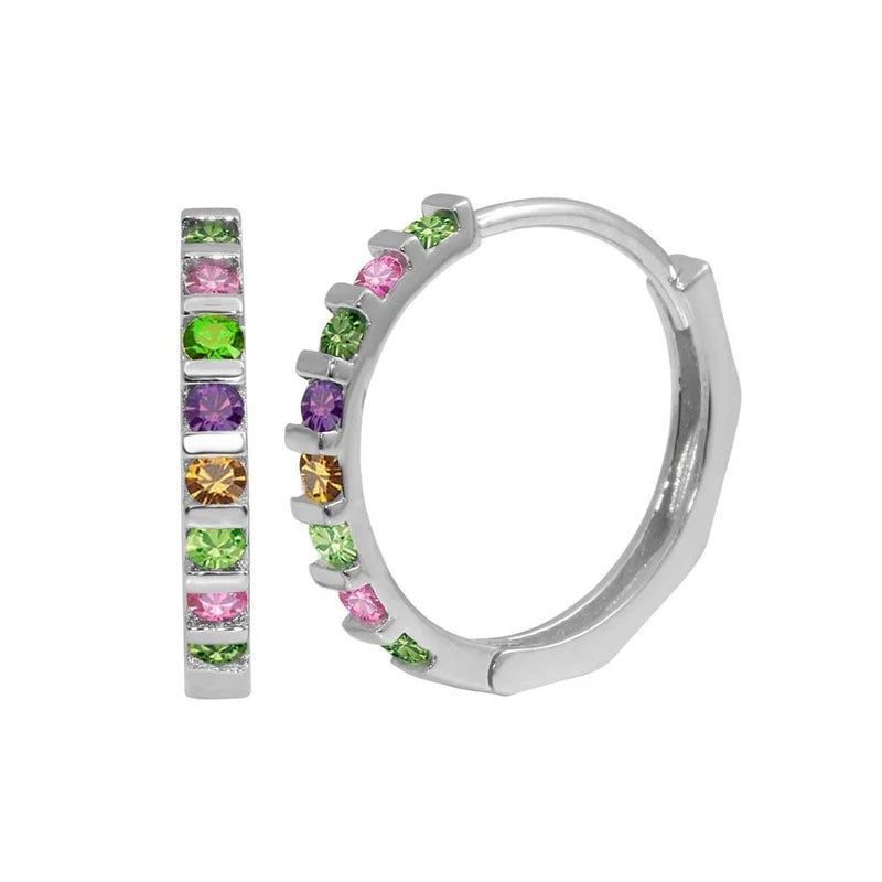 Women’s drop earrings-Rhodium Plated 925 Sterling Silver Multi-Colored CZ Huggie Hoop Earrings