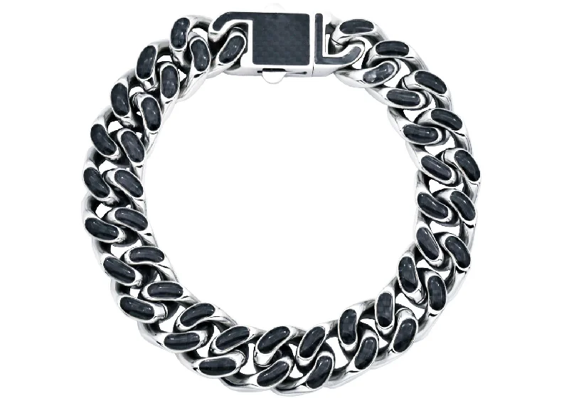 Women’s gold bracelet-Men's 12mm Stainless Steel Cuban Link Chain Bracelet With Carbon Fiber