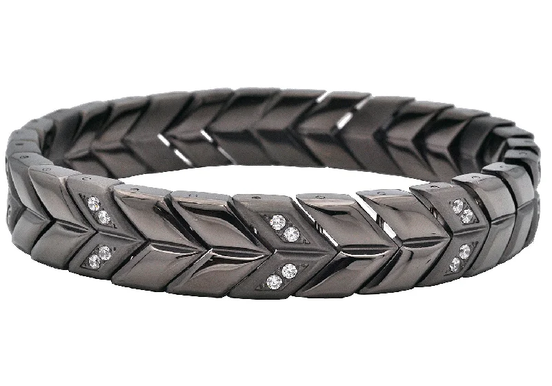 Women’s silver bracelet-Mens 12mm Chevron Woven Black Stainless Steel Bracelet With Cubic Zirconia