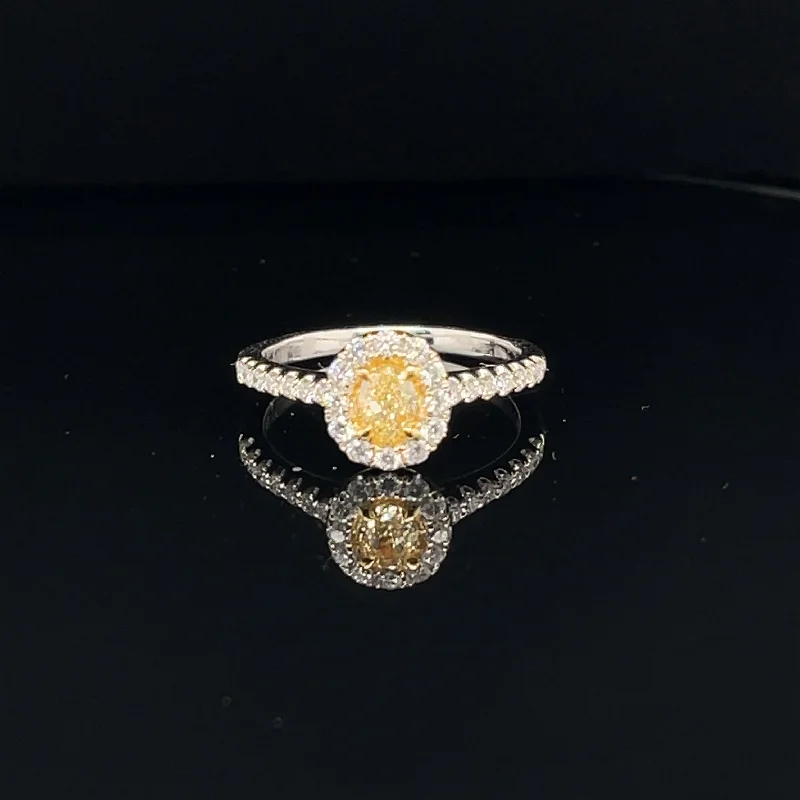 Women’s stylish engagement ring-Fancy Yellow & White Diamond Halo Oval Engagement Ring in 18k Two Tone Gold - (#125-JR0897GH-19)