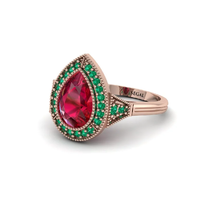 Women’s contemporary engagement ring-Pear Cut Ruby Milgrain Halo Engagement Ring - Daleyza No. 26