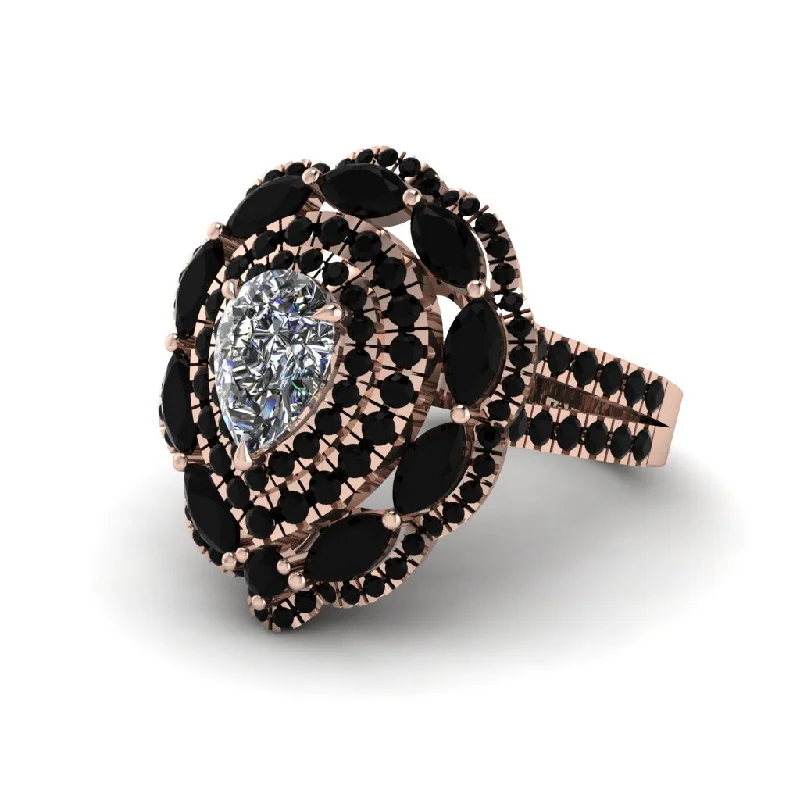 Women’s rose gold engagement ring-Black Diamond Multi Halo Pear Center Engagement Ring - Moira No. 32