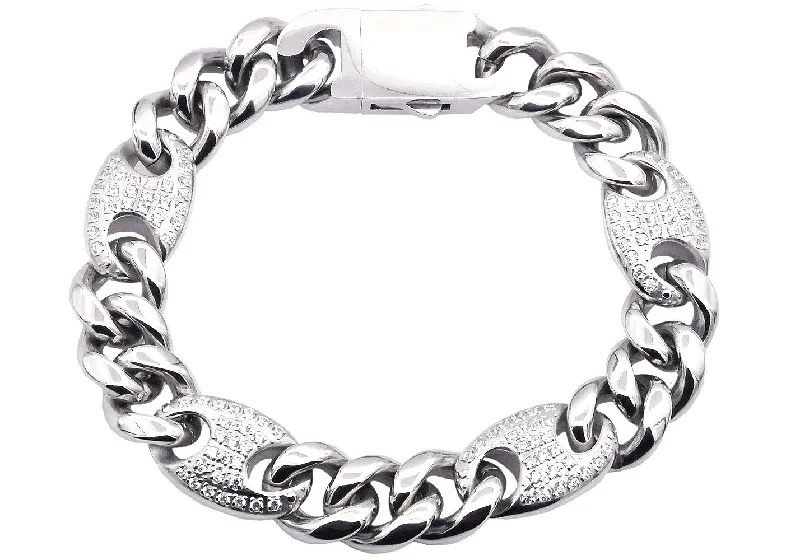 Women’s chic charm bracelet-Mens 10mm Stainless Steel Mariner Curb Chain Bracelet With Cubic Zirconia