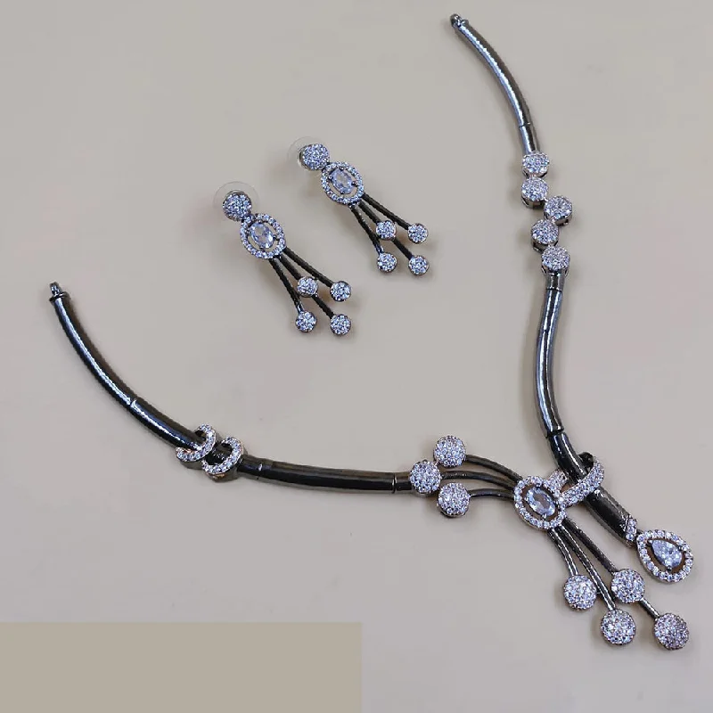 Women’s silver necklace-Akruti Collection Oxidised Plated American Diamond Necklace Set