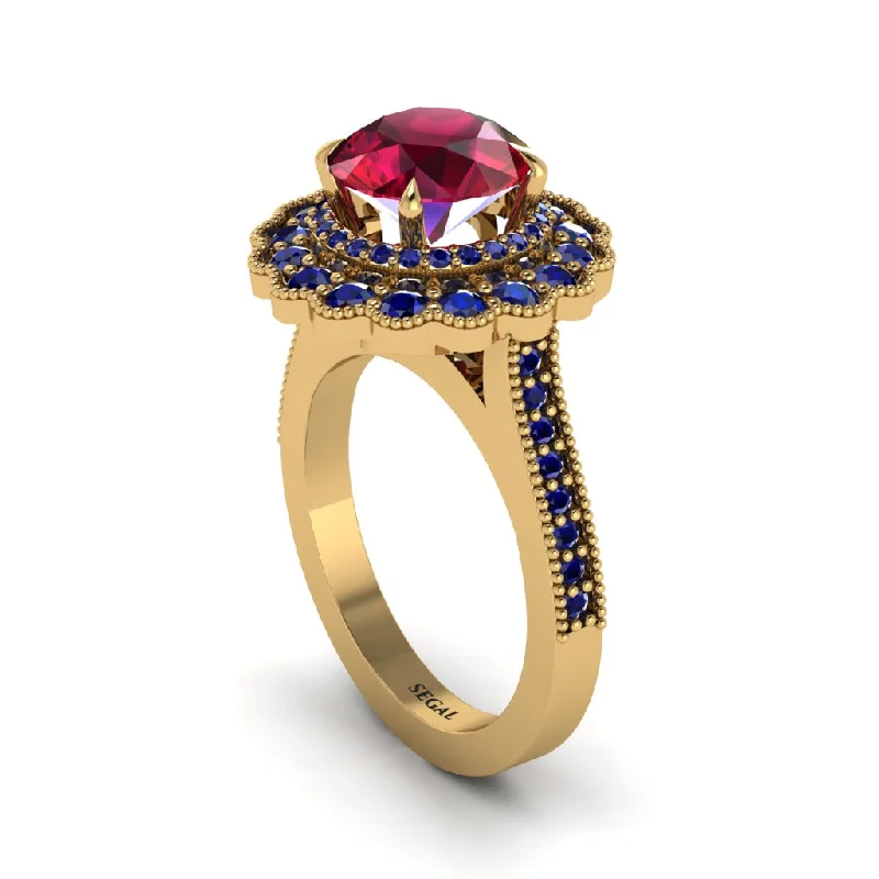 Women’s gold engagement ring-Sapphire Double Halo Cathedral Engagement Ring - Deirdre No. 70