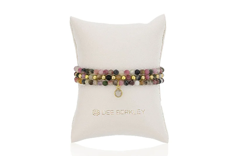 Women’s birthstone bracelet-Multi Color Tourmaline & Gold Filled Bead Stretch Bracelet Set by Dee Berkley