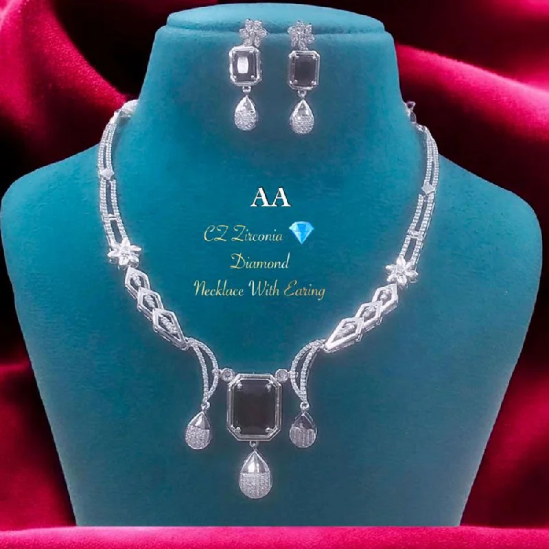 Women’s silver necklace-FS Collection Silver Plated American Diamonds Necklace Set