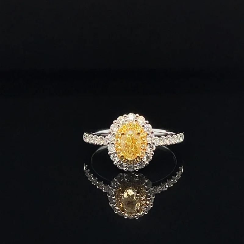 Women’s halo engagement ring with diamonds-Fancy Yellow & White Diamond Oval Cluster Engagement Ring in 18k Two-Tone Gold  - #513 - RGDIA670706