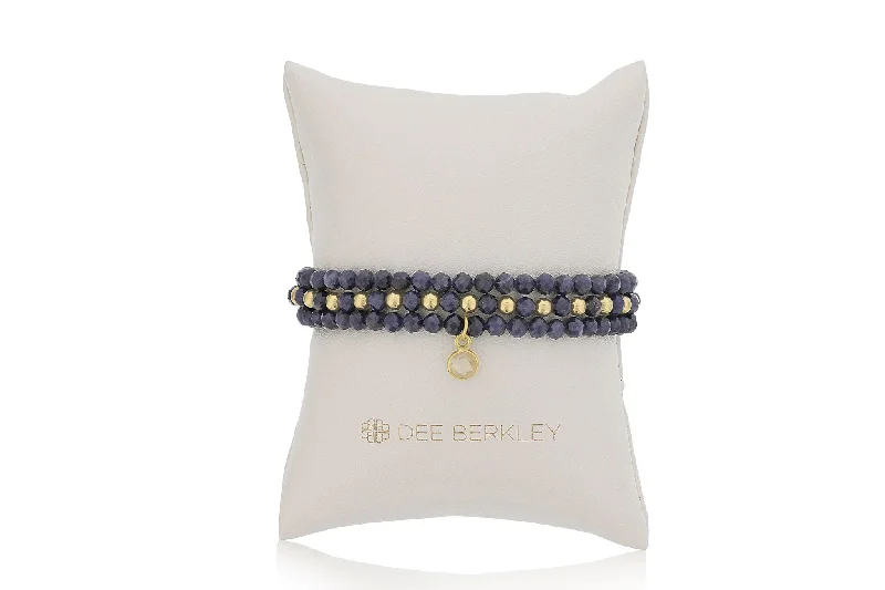 Women’s double bangle bracelet-Blue Sapphire & Gold Filled Bead Stretch Bracelet Set by Dee Berkley