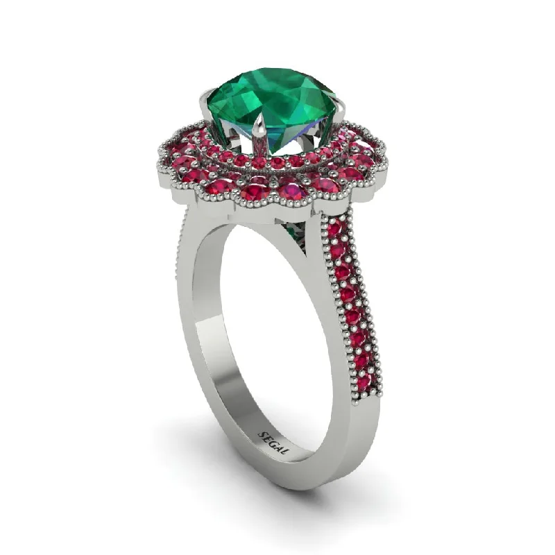 Women’s unique diamond engagement ring-Ruby Double Halo Cathedral Engagement Ring - Deirdre No. 51