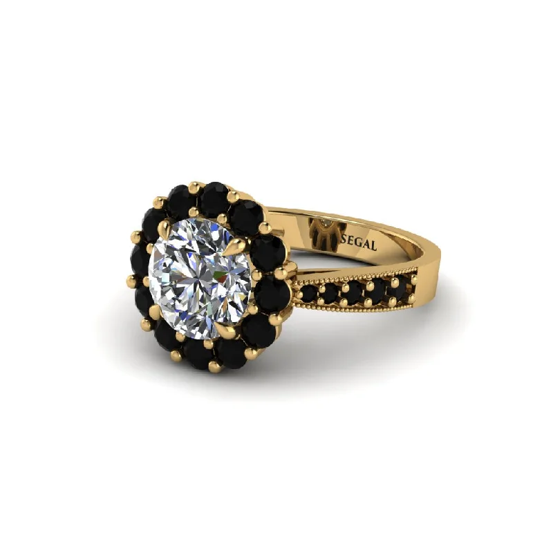 Women’s engraved engagement ring-Black Diamond Round Halo Engagement Ring - Unity No. 31