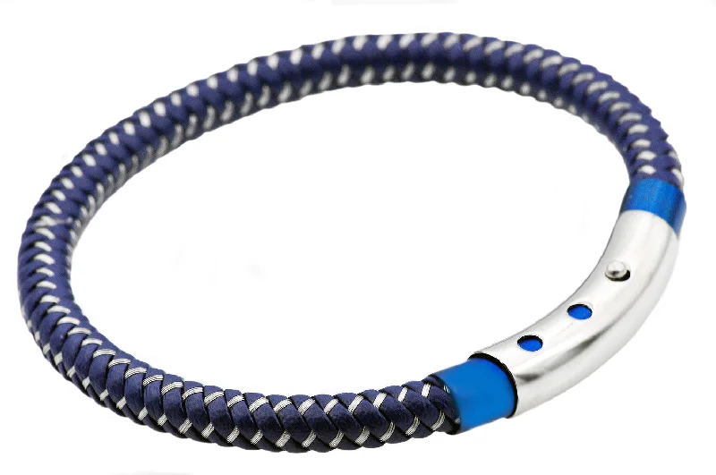 Women’s infinity bangle-Mens Blue Leather And Black Stainless Steel Bracelet