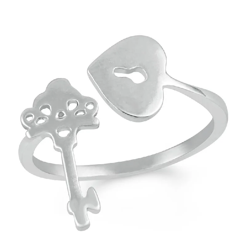 Women’s mixed metal ring-Mahi Heart and Key Adjustable Finger ring