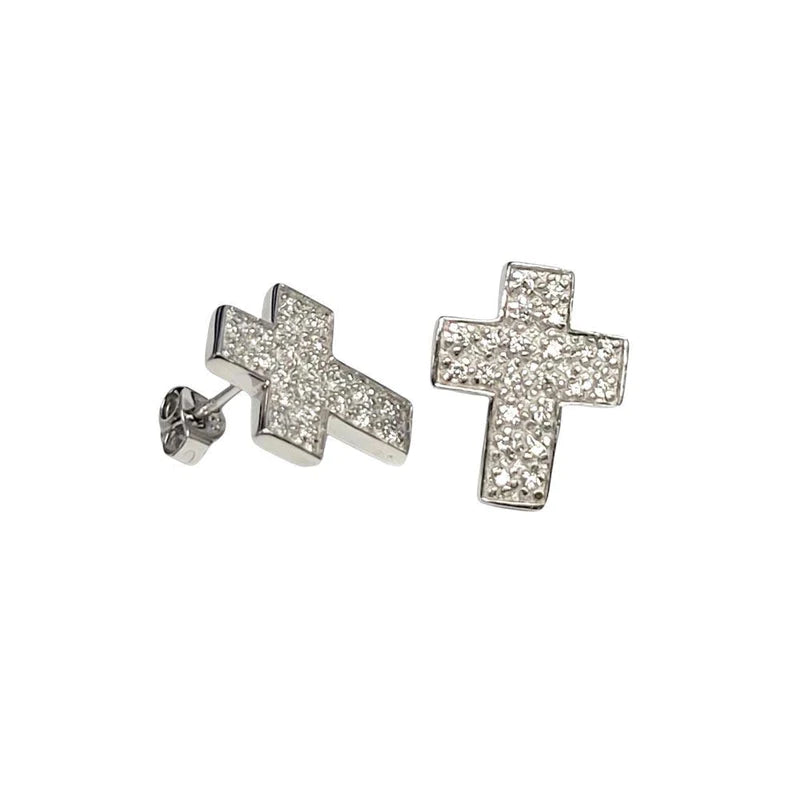 Women’s engagement earrings-Silver 925 Rhodium Plated Cross Micro Pave Clear CZ Stud Earrings