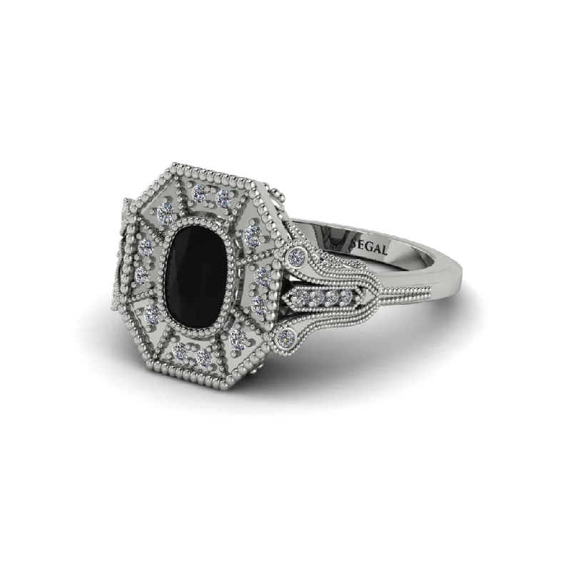 Women’s affordable wedding engagement ring-Black Diamond Cushion Cut Art Deco Engagement Ring - Alicia No. 9