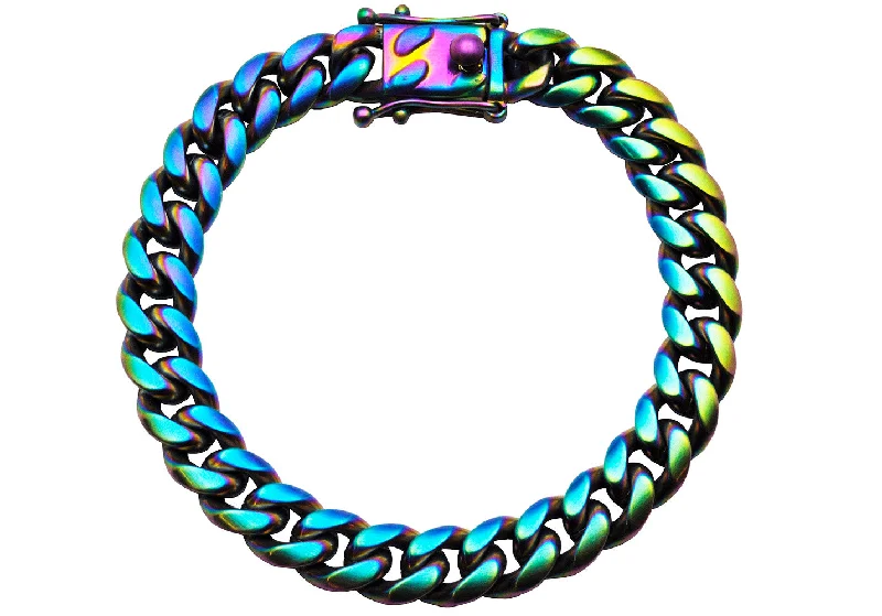 Women’s heart bracelet-Mens 10mm Pearlescent Rainbow Plated Stainless Steel Miami Cuban Link Bracelet With Box Clasp