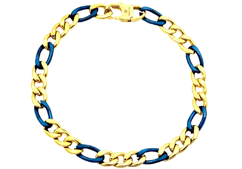 Women’s thin bangle-Mens Two-Toned Gold & Blue Stainless Steel Figaro Link Chain Bracelet