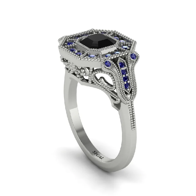 Women’s halo engagement ring with diamonds-Black Diamond Emerald Cut Art Deco Engagement Ring - Dawn No. 69