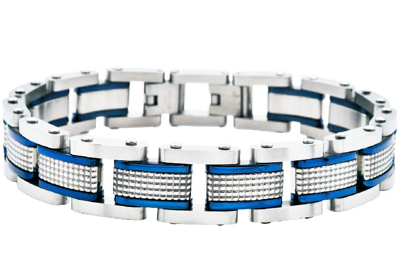 Women’s romantic bracelet-Mens Textured Stainless Steel Bracelet With Blue Plated Lines