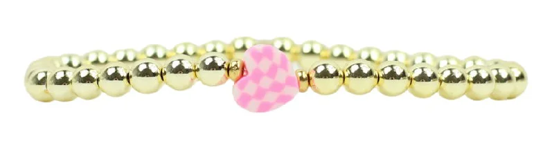 Women’s gemstone bangle-Stacker Stretch Bracelet - Pink Checkered Heart