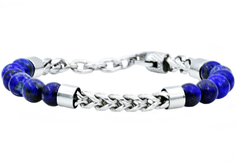 Women’s double-layer bracelet-Mens Genuine Lapis Lazuli Stainless Steel Beaded And Franco Link Chain Bracelet With Adjustable Clasp