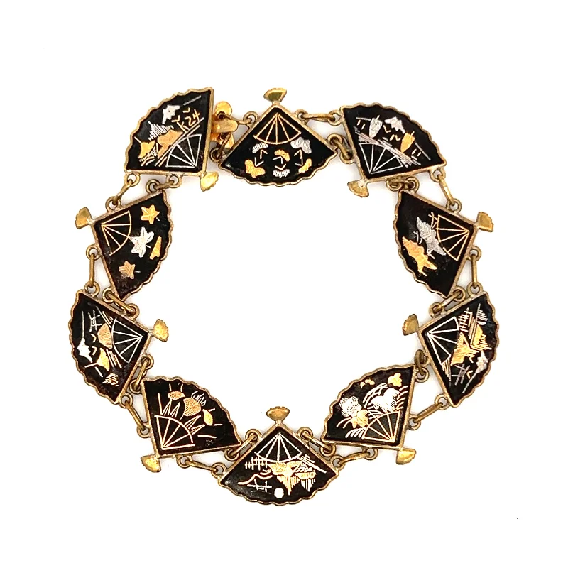 Women’s adjustable bracelet-Estate Gold Filled Damascene Fan Link Bracelet