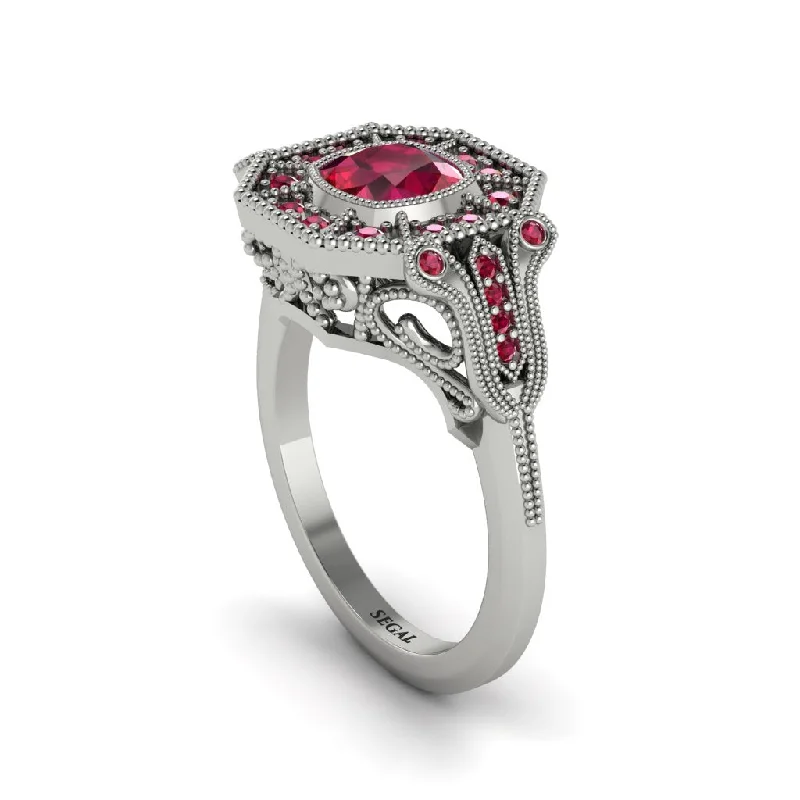 Women’s mixed gemstone engagement ring-Ruby Cushion Cut Art Deco Engagement Ring - Kristin No. 57