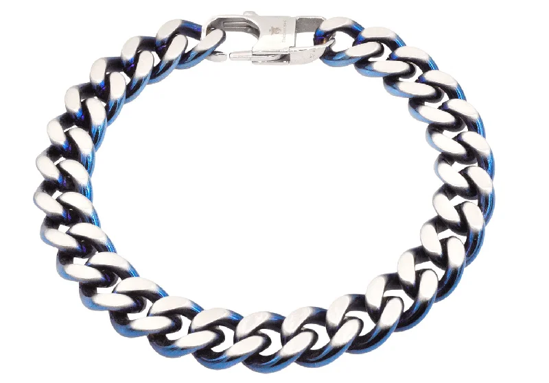 Women’s butterfly bracelet-Men's Two-Toned Matt Blue Stainless Steel Curb Link Bracelet