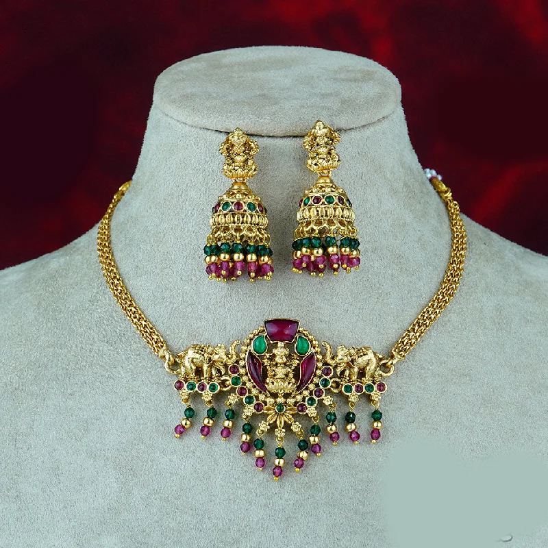 Women’s boho necklace-Diksha Collection Gold Plated Temple Pota Stone Necklace Set