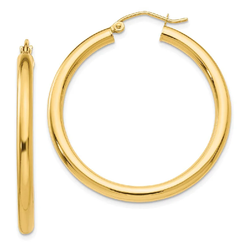 Women’s pearl drop earrings-3mm x 35mm 14k Yellow Gold Classic Round Hoop Earrings