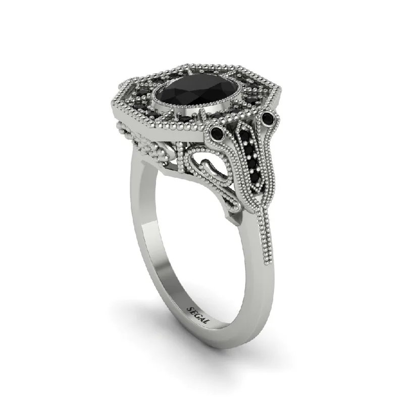 Women’s bold engagement ring-Black Diamond Oval Cut Art Deco Engagement Ring - Tabitha No. 39