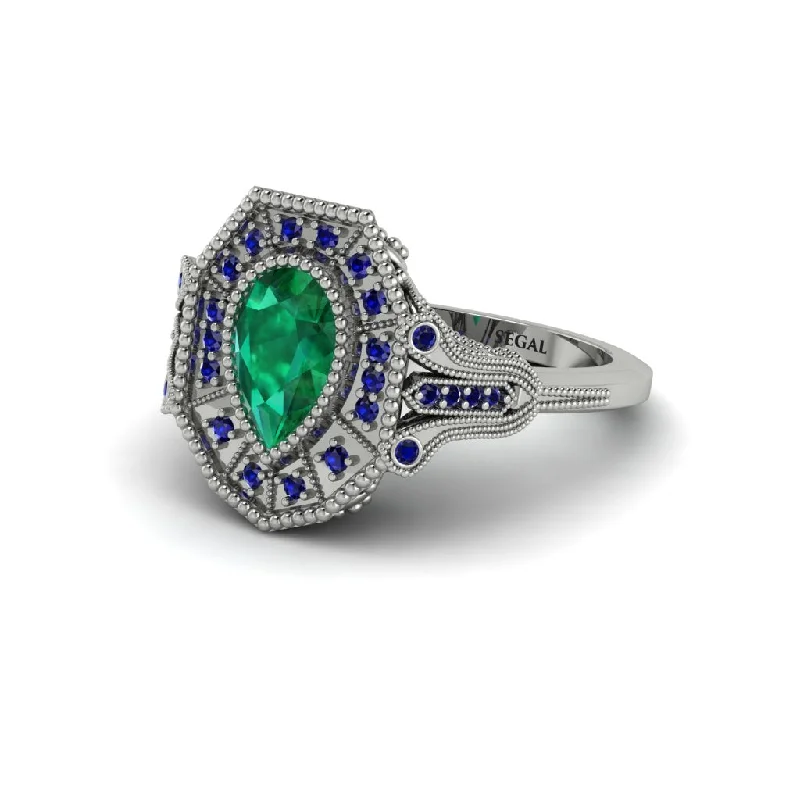 Women’s large diamond engagement ring-Emerald Pear Cut Art Deco Engagement Ring - Rosalind No. 66