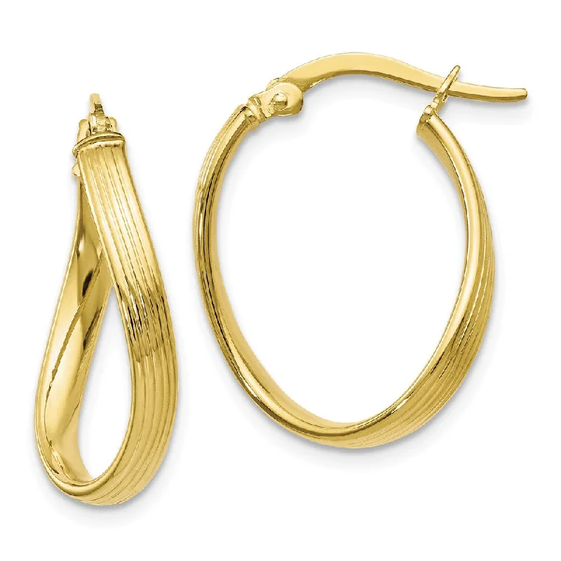 Women’s hoop statement earrings-3mm Textured Bent Oval Hoop Earrings in 10k Yellow Gold, 23mm