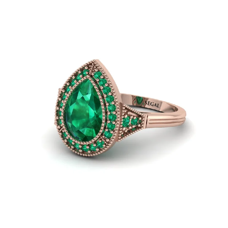 Women’s simple diamond ring-Pear Cut Emerald Milgrain Halo Engagement Ring - Daleyza No. 20