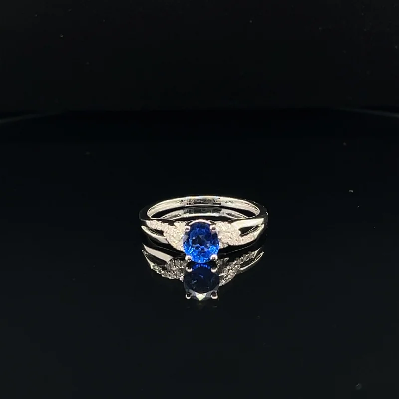 Women’s radiant cut engagement ring-Sapphire & Diamond Solitaire Engagement Ring in 18k White Gold - (#34-HRSAP000428)