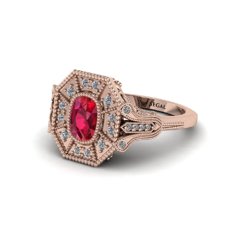 Women’s signature diamond ring-Ruby Cushion Cut Art Deco Engagement Ring - Alicia No. 11