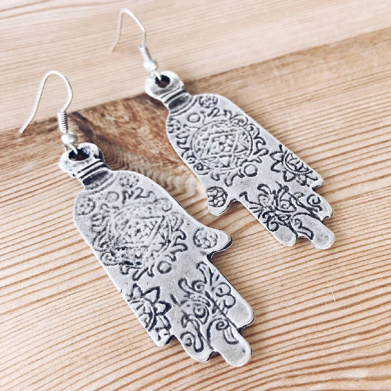 Women’s vintage-inspired earrings-Anatolian Boho Earrings - "Ornate Hamsa"