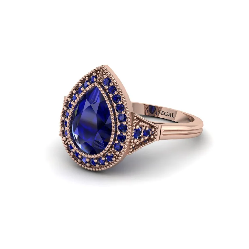 Women’s vintage wedding ring-Pear Cut Sapphire Milgrain Halo Engagement Ring - Daleyza No. 74