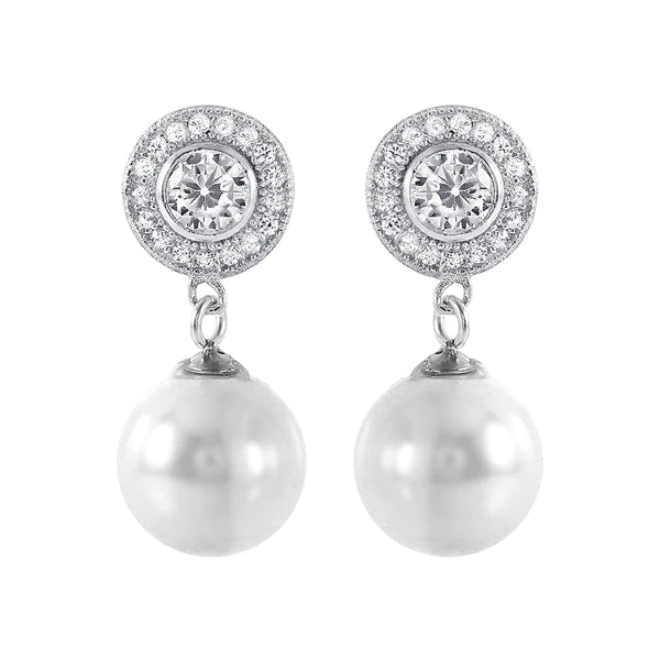 Women’s retro earrings-Silver 925 Rhodium Plated Pearl CZ Cluster Earrings