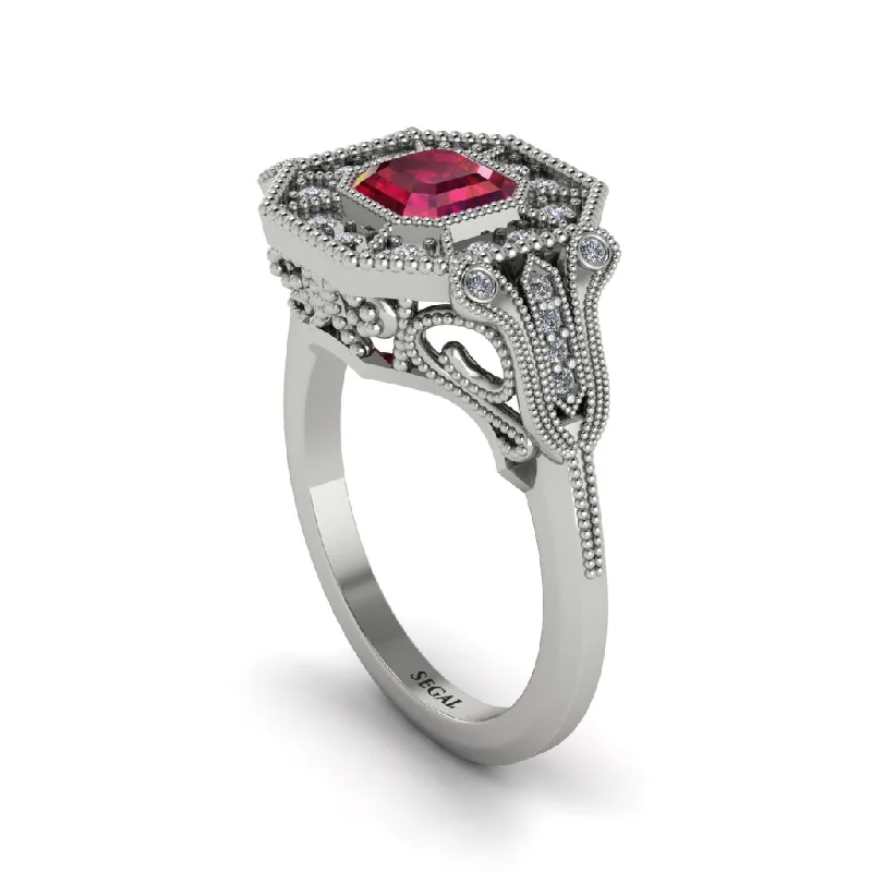 Women’s signature diamond ring-Ruby Emerald Cut Art Deco Engagement Ring - Dawn No. 12