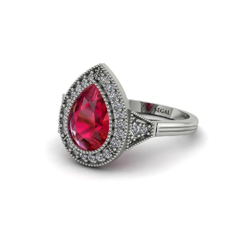 Women’s personalized diamond engagement ring-Pear Cut Ruby Milgrain Halo Engagement Ring - Daleyza No. 12