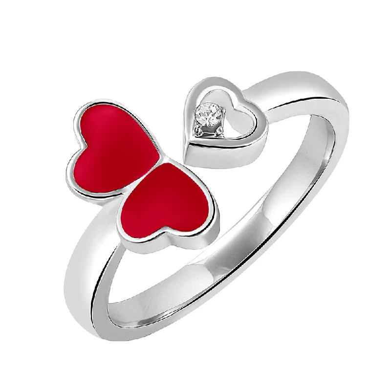 Women’s gemstone cocktail ring-Mahi Tripple Heart Red Meena Work Silver Color Adjustable Finger Ring for Women (FR1103130RRed)