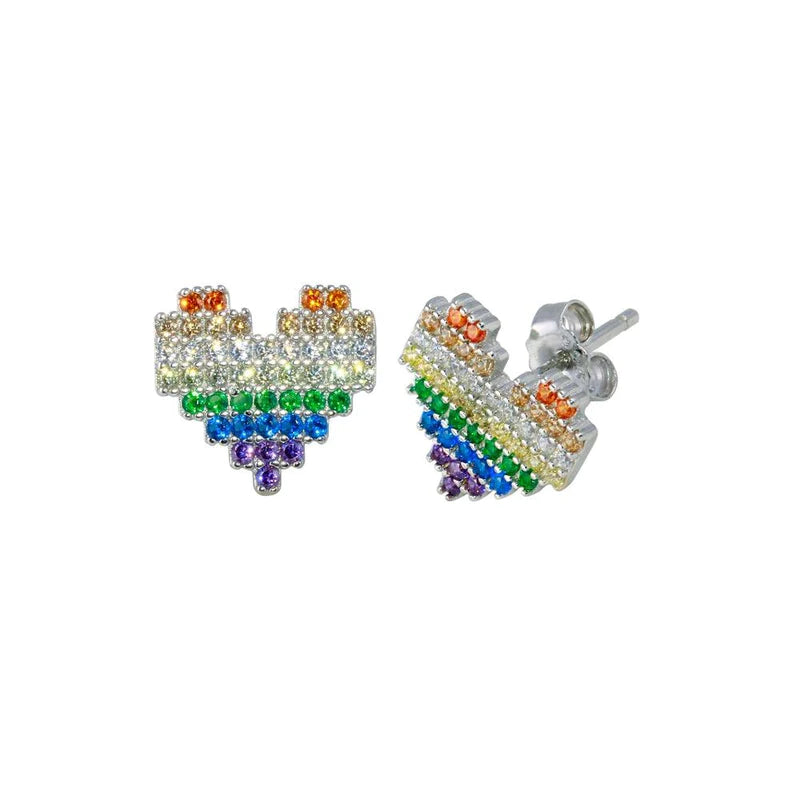 Women’s elegant drop earrings-Silver 925 Rhodium Plated Heart Multi Color CZ StudEarrings