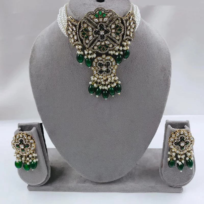 Women’s layered necklace-FS Collection Gold Plated Kundan Stone And Pearls Choker Necklace Set