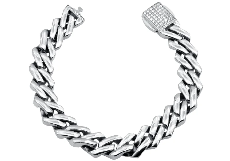 Women’s diamond cuff bracelet-Mens 14mm Stainless Steel Closed Link Curb Chain Bracelet With Cubic Zirconia Embedded Box Clasp