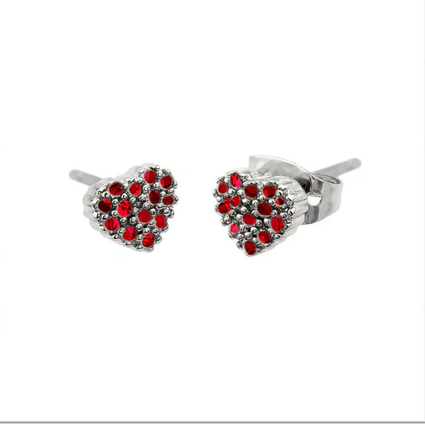 Women’s engraved earrings-Silver 925 Rhodium Plated Red Heart Black Prongs CZ Earrings