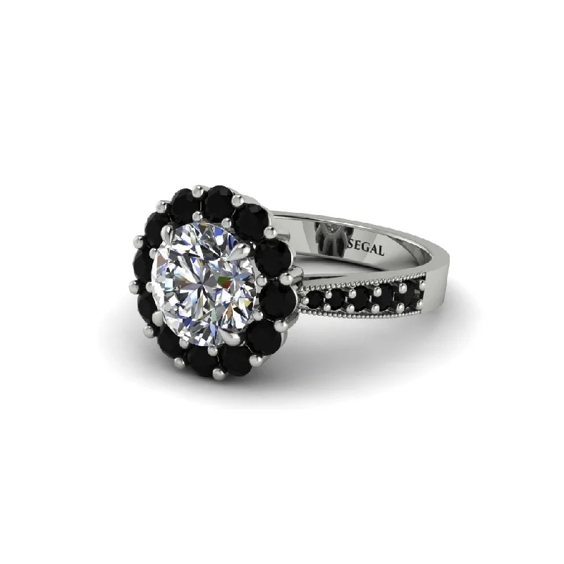 Women’s gemstone engagement ring-Black Diamond Round Halo Engagement Ring - Unity No. 33