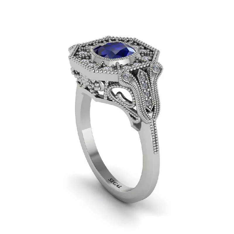 Women’s silver engagement ring-Sapphire Cushion Cut Art Deco Engagement Ring - Kristin No. 15