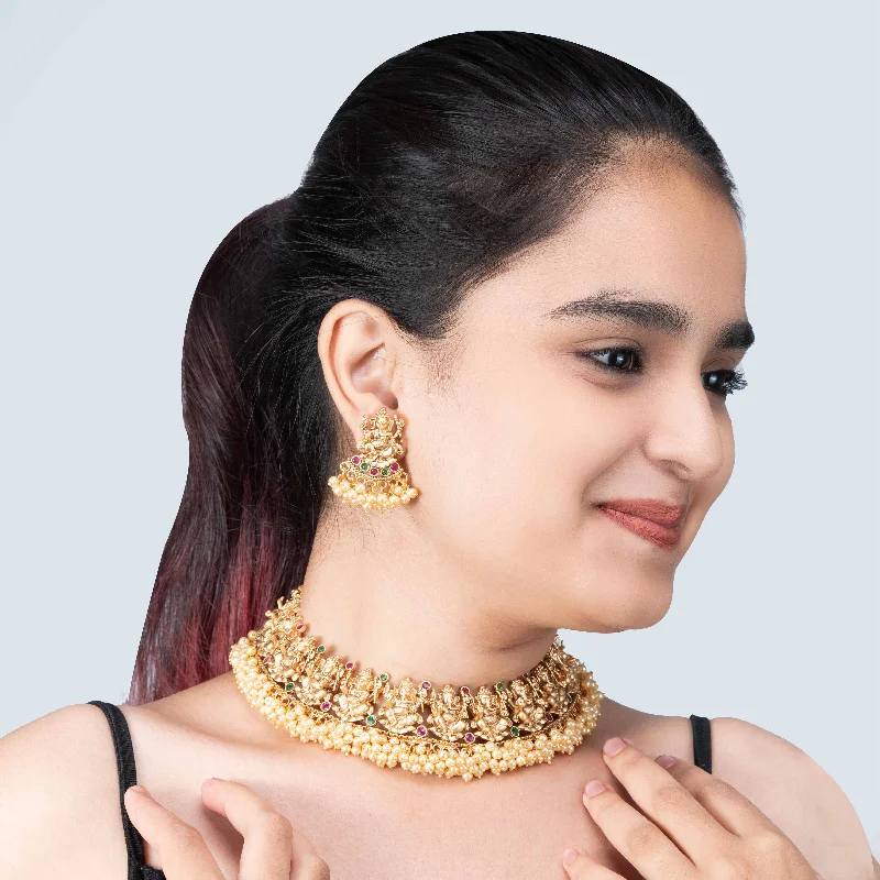 Women’s braided necklace-Nipura Golden Shree Ganesh Pearl Necklace set